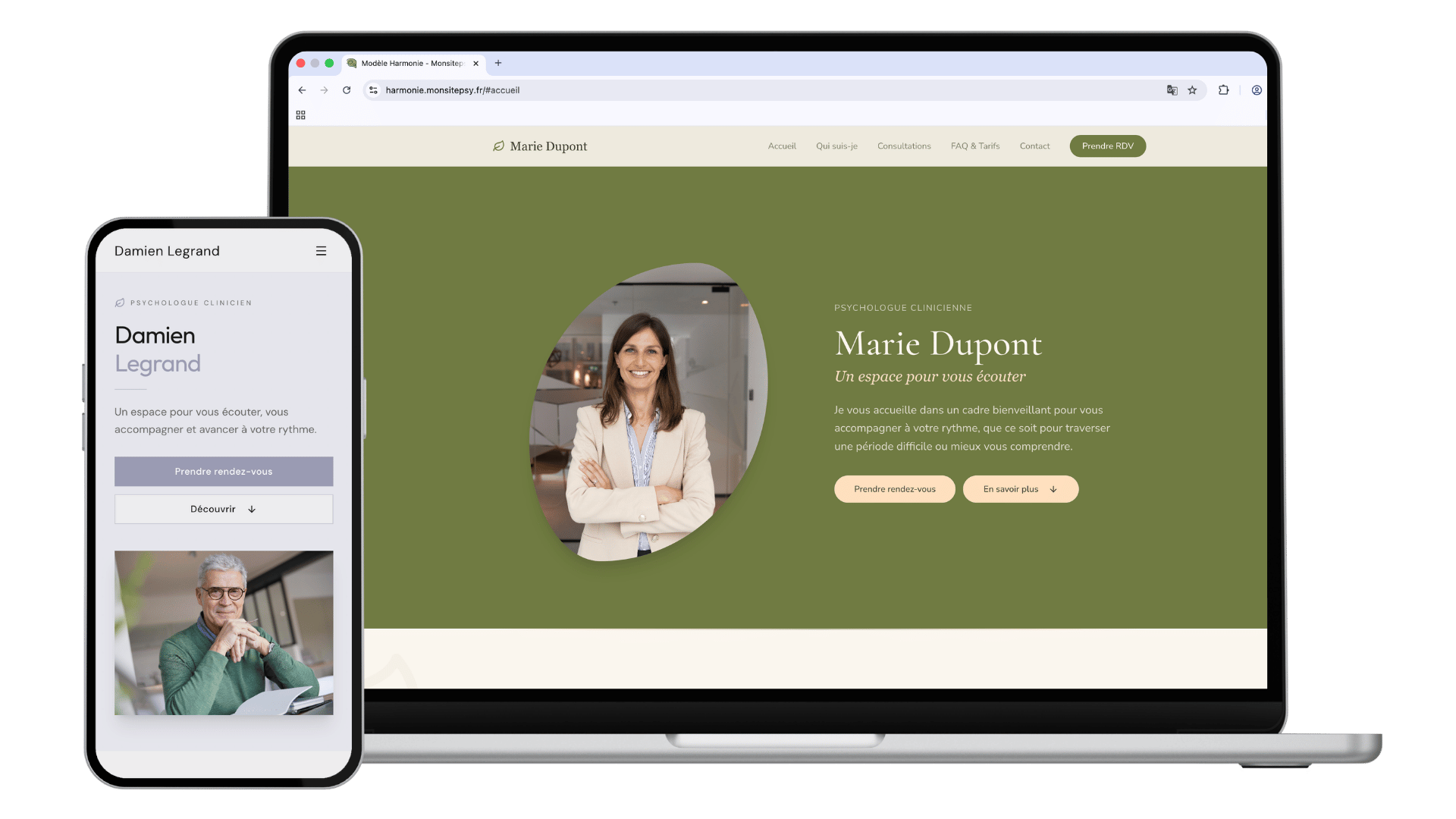 Aperçu d'un site internet pour psychologue sur ordinateur et mobile
